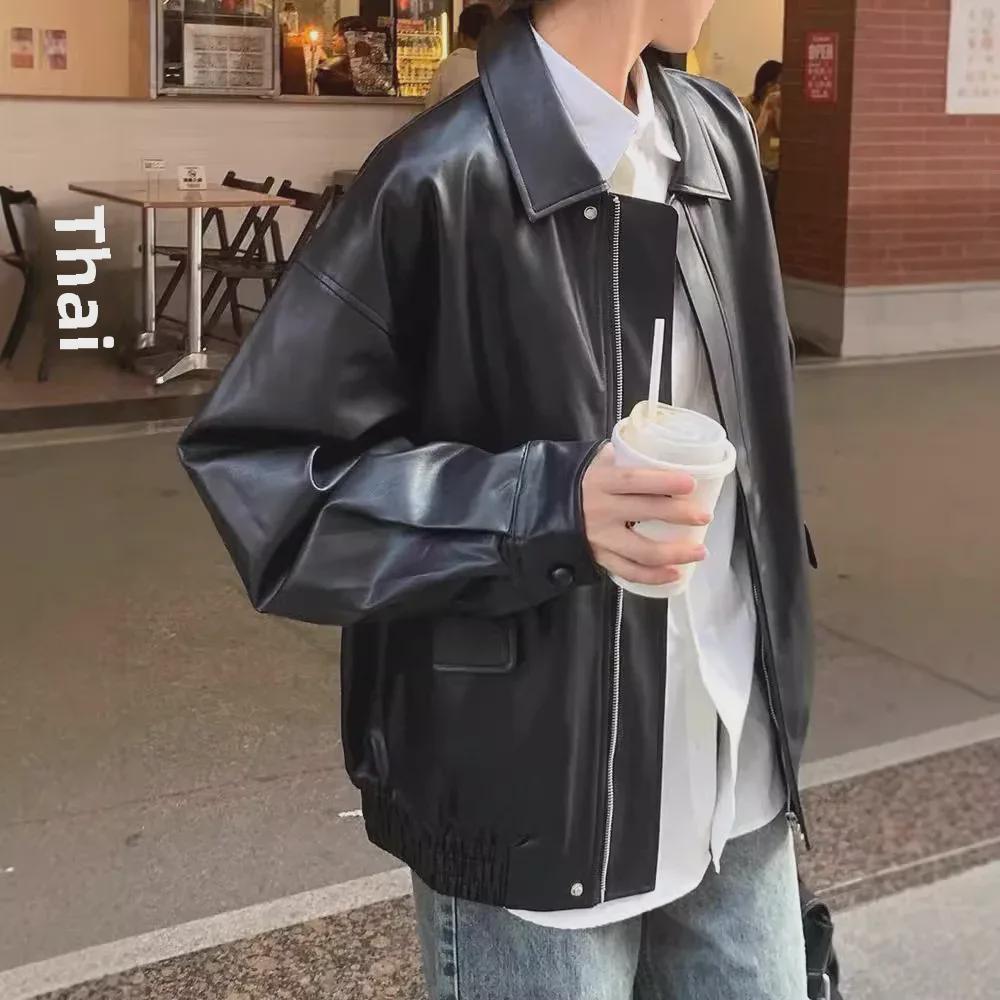 Korean Style Women's Trendy Lapel Motorcycle Leather Jacket - Autumn Loose Fit Cardigan Top