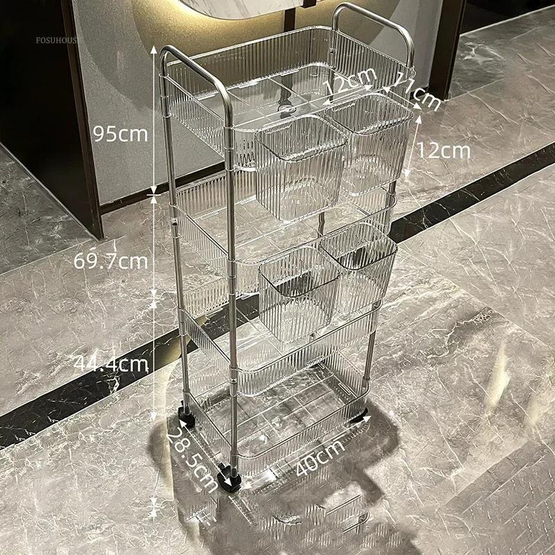 Modern Plastic Trolley for Bathroom Transparent Removable Trolley Cart with Basket Light Luxury Simple Hand Cart for Kitchen