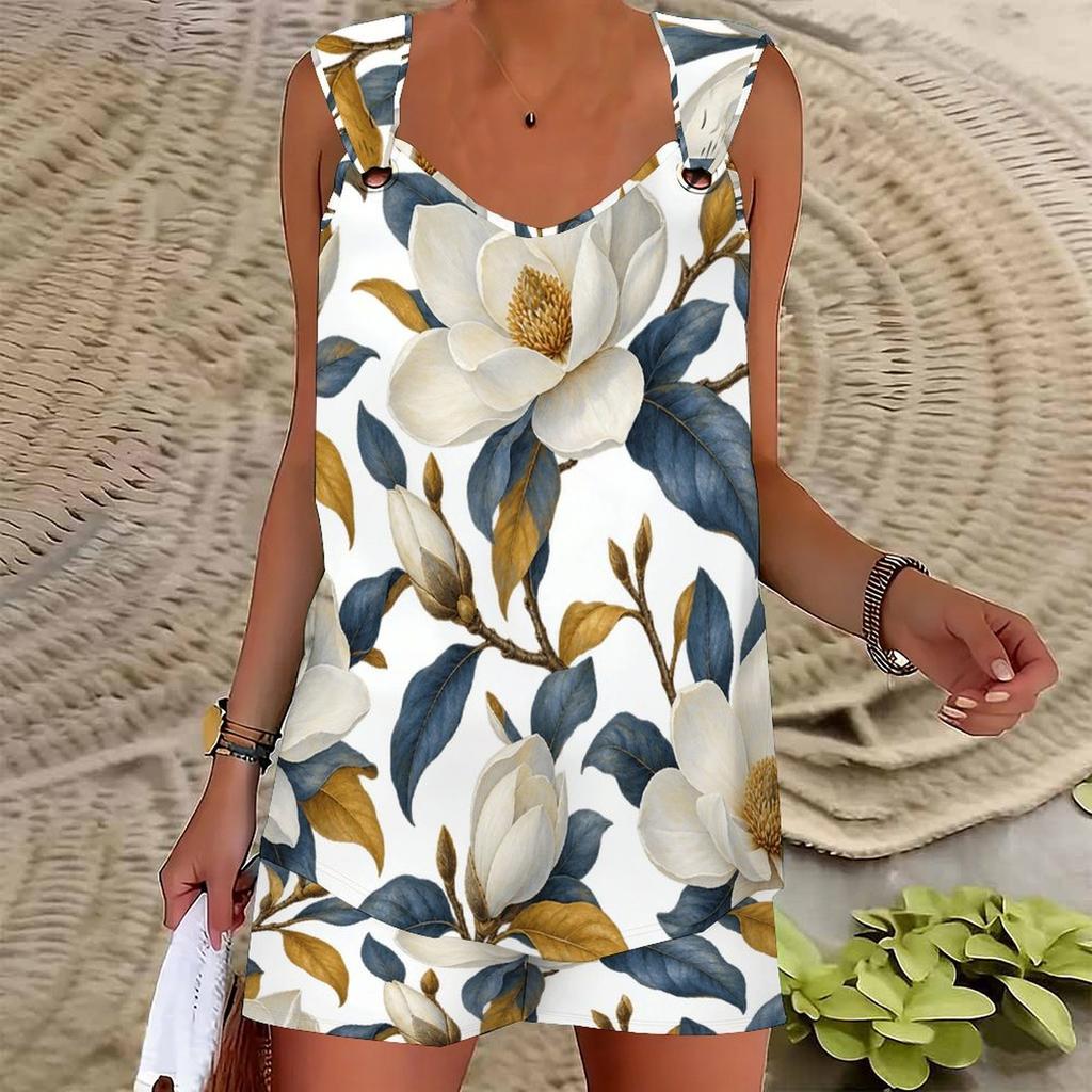 Women Plus Size Floral Printed Ring Strap Sleeveless Tank Top And Pocket Shorts Two Piece Set