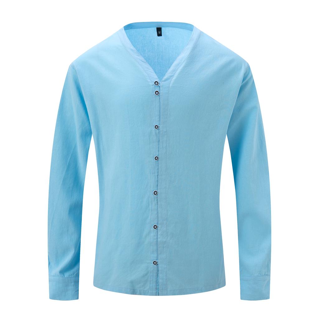 Men Stand Collar 7 Buttons Up Shirts White Black Blue Solid Long Sleeve Shirt Vintage Cotton Plus Size Tops