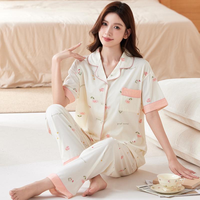 High-value pajamas women's spring and summer thin imitation cotton short-sleeved trousers middle-aged mother casual loungewear suit