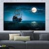 Mysterious Start Night Canvas Painting Wall Art Ship and Moon On Blue Sea Landscape Posters and Prints for Living Room Decor