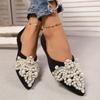 Comfortable Pointed Toe Slip-On Flats | Women's Black Fabric Upper with Pearl & Rhinestone Embellishments, Faux Cover Inner, All-Season Fashion Shoes