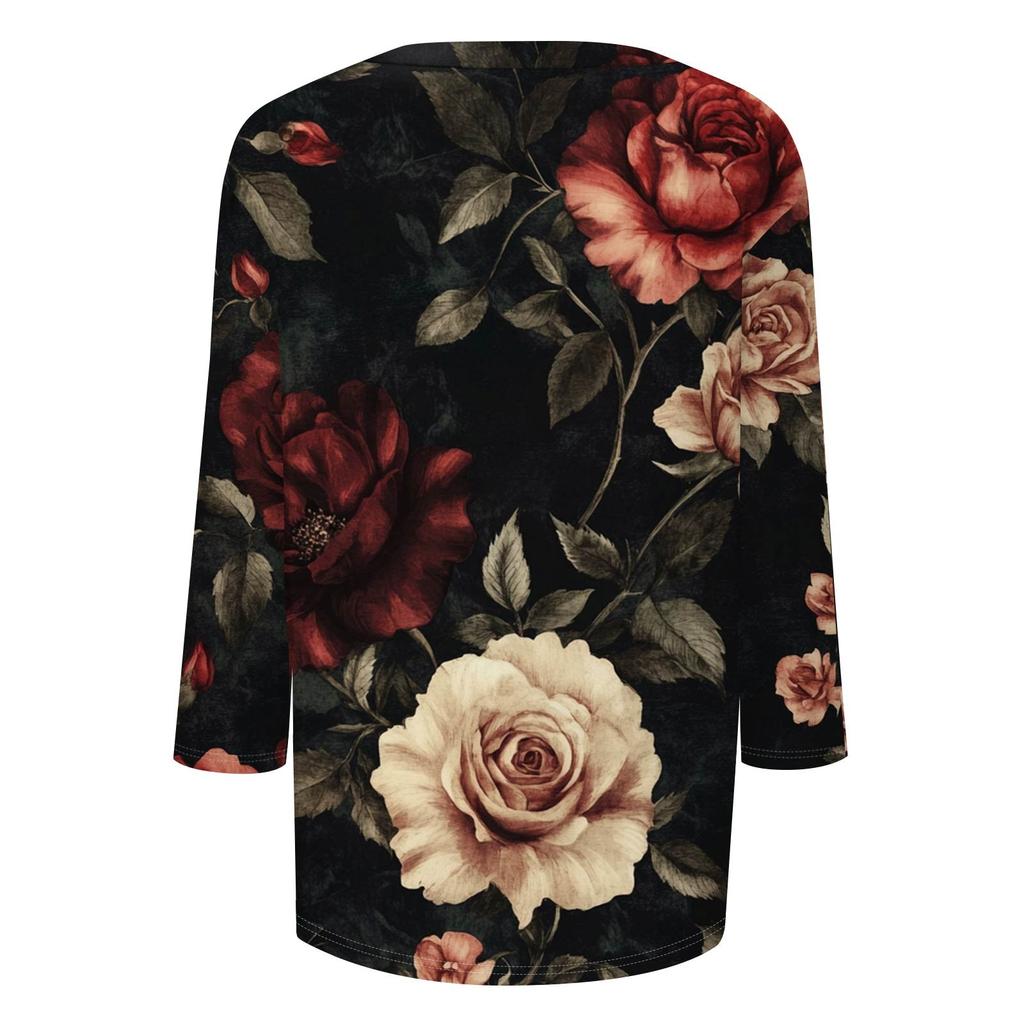 Women's Tops Three-quarter Sleeve Shirt V-neck Loose Casual Shirt Floral Print T-shirt