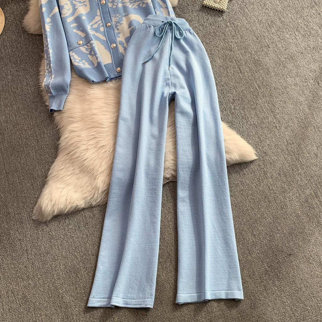 Autumn Winter Women Vintage Print Knitted Sweater Trouser Two Piece Set Full Sleeve Cardigan Tops and Drawstring Wide Leg Pant Suit