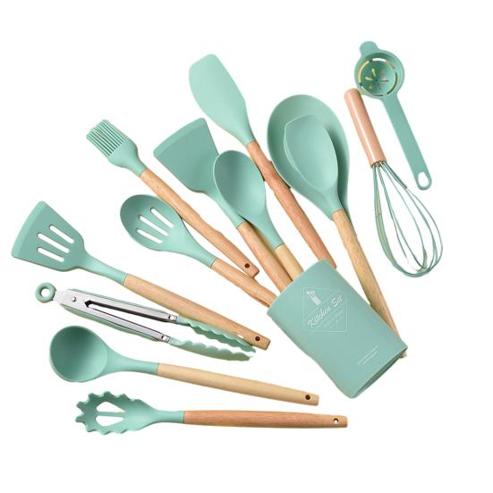 Silicone Kitchenware Set with Wooden Handles Heat Resistant Turner Tongs Spatula Spoon Brush Whisk Nonstick Cooking Tools