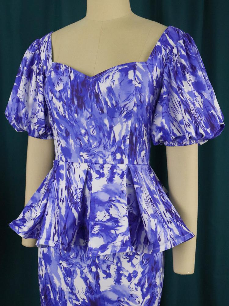 Women Dresses Blue Peplum Midi Tie Dye Short Puff Sleeve Vintage Elegant Office Ladies Evening Cocktail Event Gowns Plus Size
