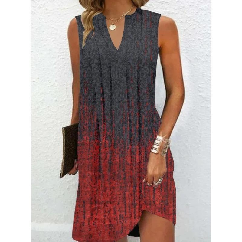 Women's Multi-color A-line Sleeveless Dress Summer V-neck Printed Casual Dresses