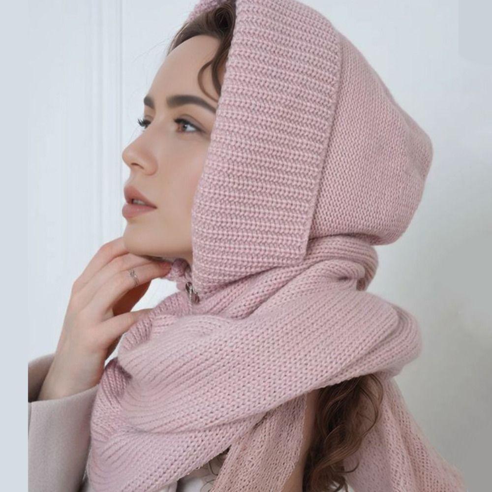 Beanie Knitted Balaclava Hat Solid Color Cross Hooded Cap Cute Hat and Scarf 2-in-1 Winter/Autumn
