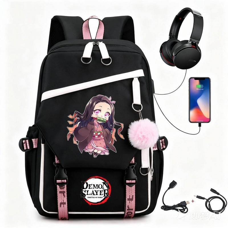 Anime Printed Canvas Backpack With USB Charging Port Teens Students School Travel Unisex