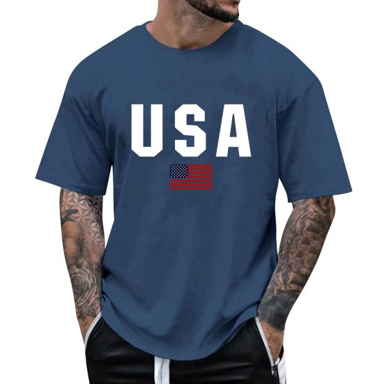 Men T-shirt Round Neck Short Sleeve Slim Fit Tee Shirt USA Pattern Versatile Tee Tops Running Fitness Tops Daily Wear