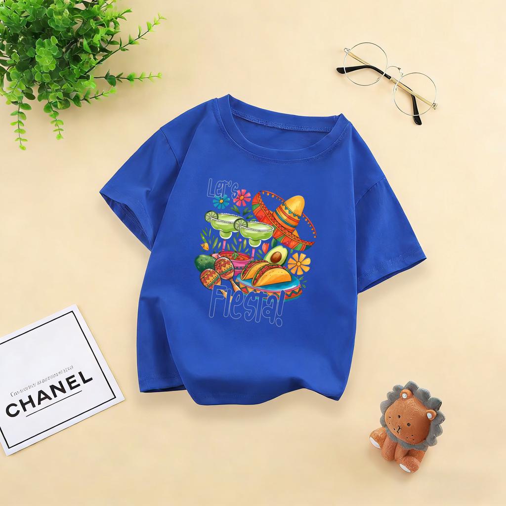 Cartoon Painted Mexico May 5th Festival Childrens Tshirt Ethnic Style Casual Short Sleeved Tshirt for Boys and Girls
