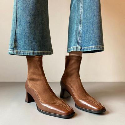 Модные Элегантные Ботильоны Челси из Однотонной Черной ПУ с Квадратным Носком Женские Осень 2025 Французские Ретро Ботильоны на Высоком Каблуке Ретро Коричневые Замшевые Ботильоны