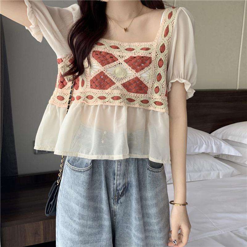 Рубашка с короткими рукавами и квадратным вырезом в стиле ретро, женская, свободного покроя, Sense Niche, летняя, свободного покроя, повседневная, удобная, в стиле Slim Fit, пуловеры, футболки