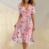 Women's Summer Fashion V-Neck Flared Dress Short Sleeve Floral Dresses