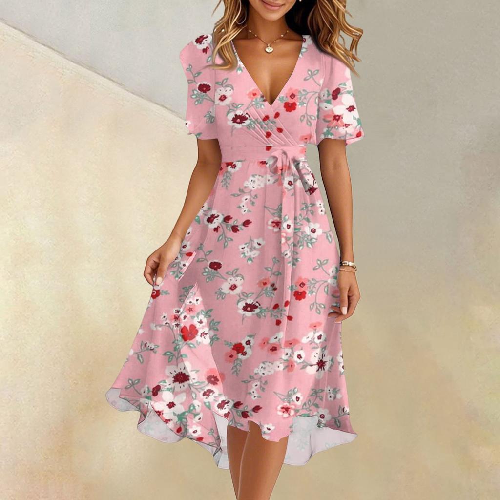 Women's Summer Fashion V-Neck Flared Dress Short Sleeve Floral Dresses