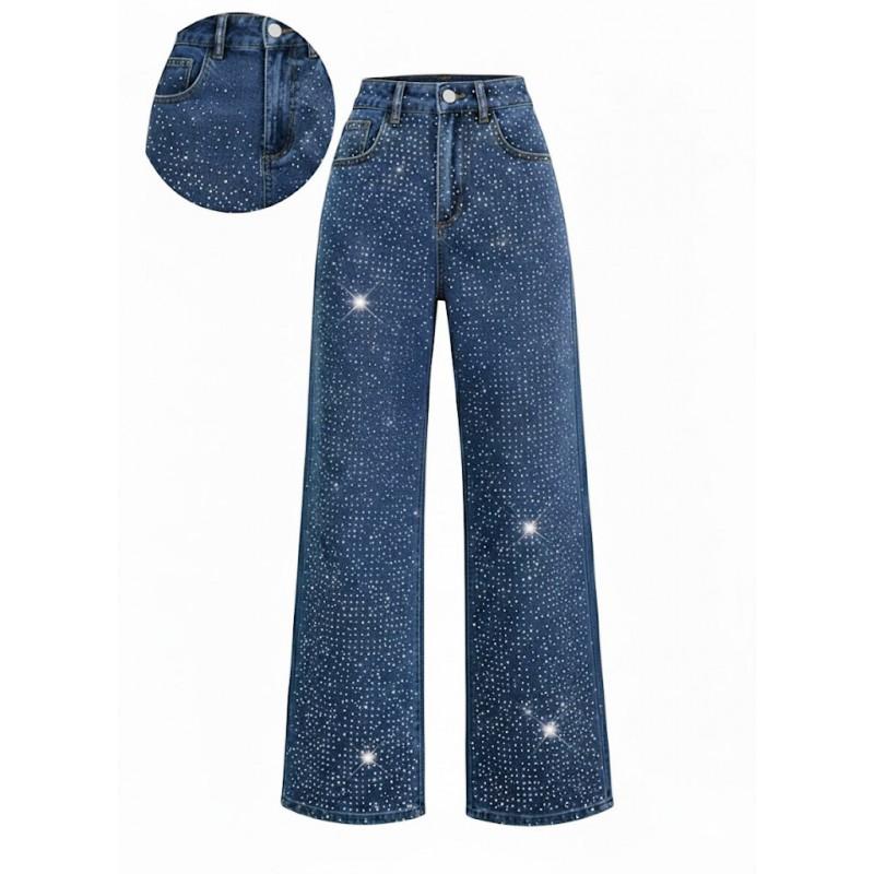 Casual Straight Fit Denim Jeans With Rhinestone Embellishment Water Washed Stretch Cotton Blend