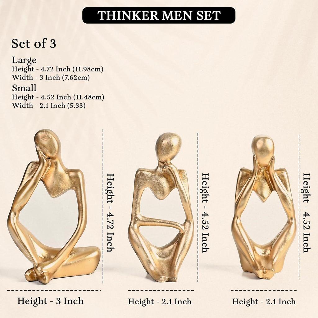 Set of 3 Gold Abstract Thinker Men Statue Set - Modern Art Showpieces for Home Decor, Living Room, Bedroom,Office