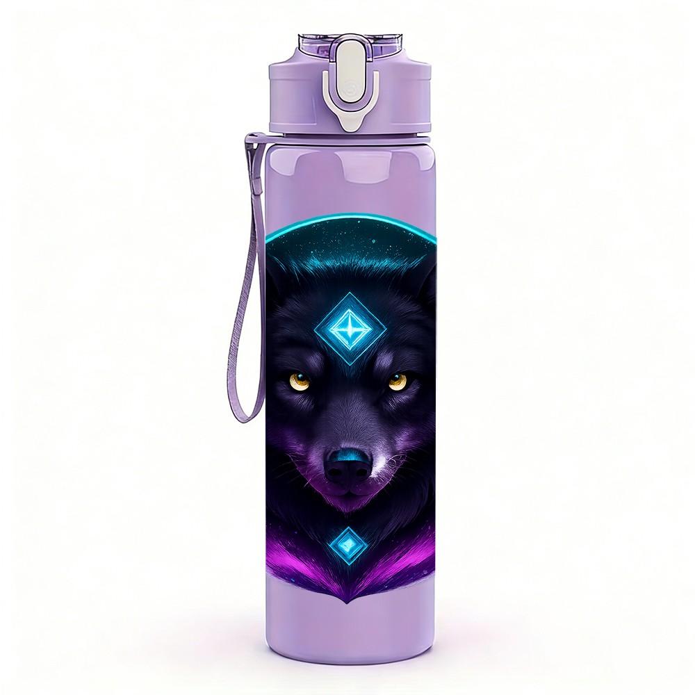 1PC Purple Glowing Wolf Head 750ml Color Plastic Sports Water Bottle Leakproof Flip Straw Lid Suitable for Sports Office Home Use