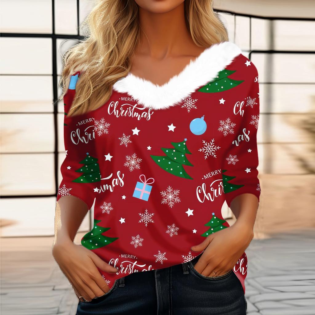 Женская мода с длинным рукавом и рождественским принтом, праздничный воротник, V-образный вырез