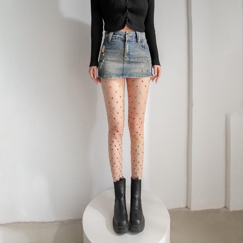 Large Mesh Rhinestone Star Pantyhose Y2K See-through Tights Colorful Fishnet Stockings Dance