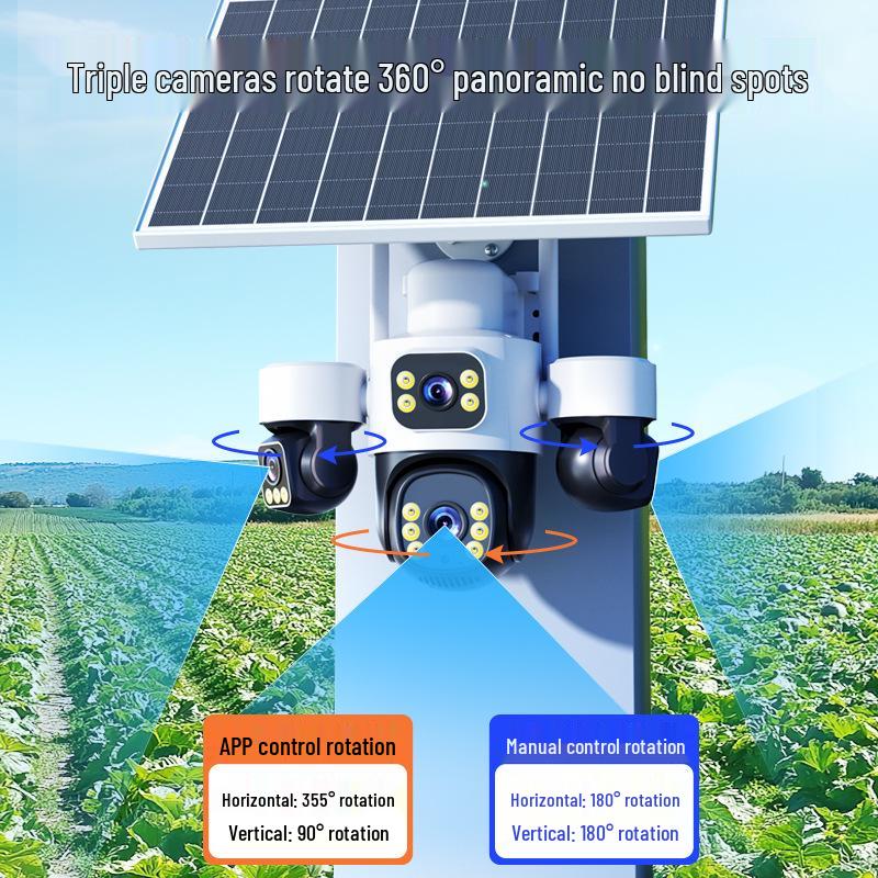 Triple Lens 4G Outdoor Camera: 360° Wide-Angle, Night Vision, Voice Intercom, Solar-Powered, Waterproof Monitoring