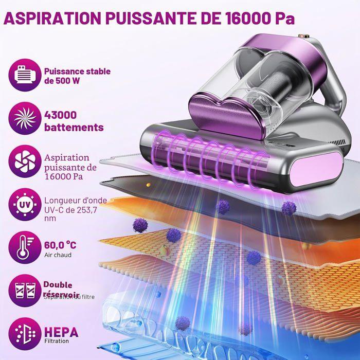 Vacuum Vacuum Cleaner Anti-Mites,Aspirator Anti-Mites Mattress With Light Uv-C Vacuum 16Kpa 500W Bed Mite Removal 99.9% For