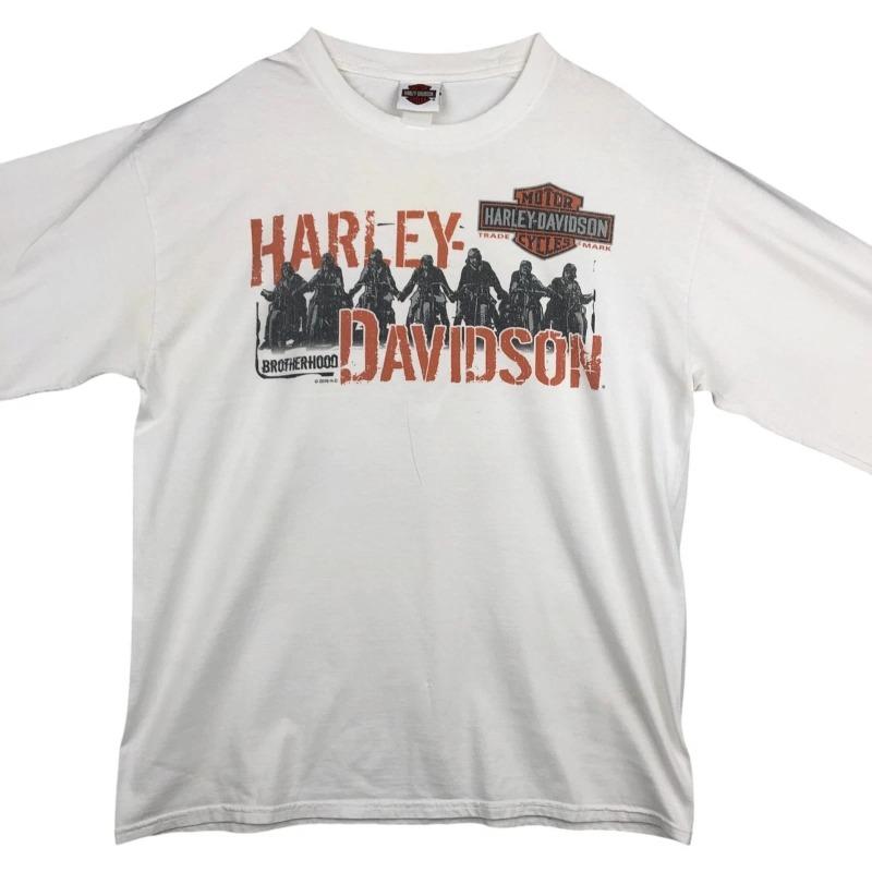 Белая футболка с длинным рукавом Harley-Davidson с принтом силуэта райдера Brotherhood на груди, ретро-стиль с эффектом состаренности