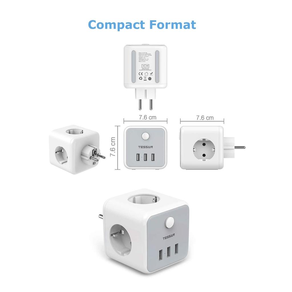 Tessan USB-разъем европейского стандарта с 1/3 розетками переменного тока, 2/3 USB-портами для зарядки и переключателем включения/выключения, дорожным адаптером для настенного зарядного устройства ЕС