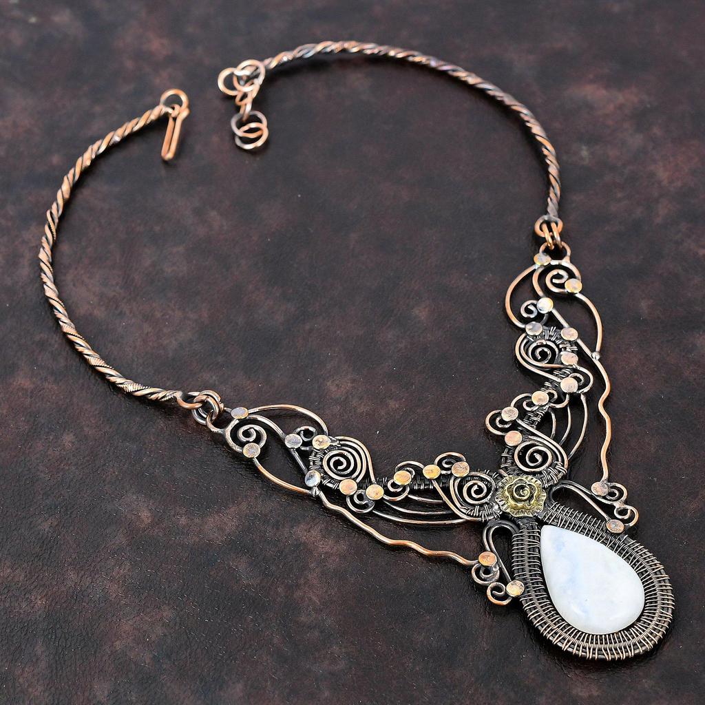 Радужное ожерелье из лунного камня, ожерелье из медной проволоки, регулируемое ожерелье, ручная работа, ювелирные изделия из проволоки, подарок для женщин, ожерелье из драгоценных камней