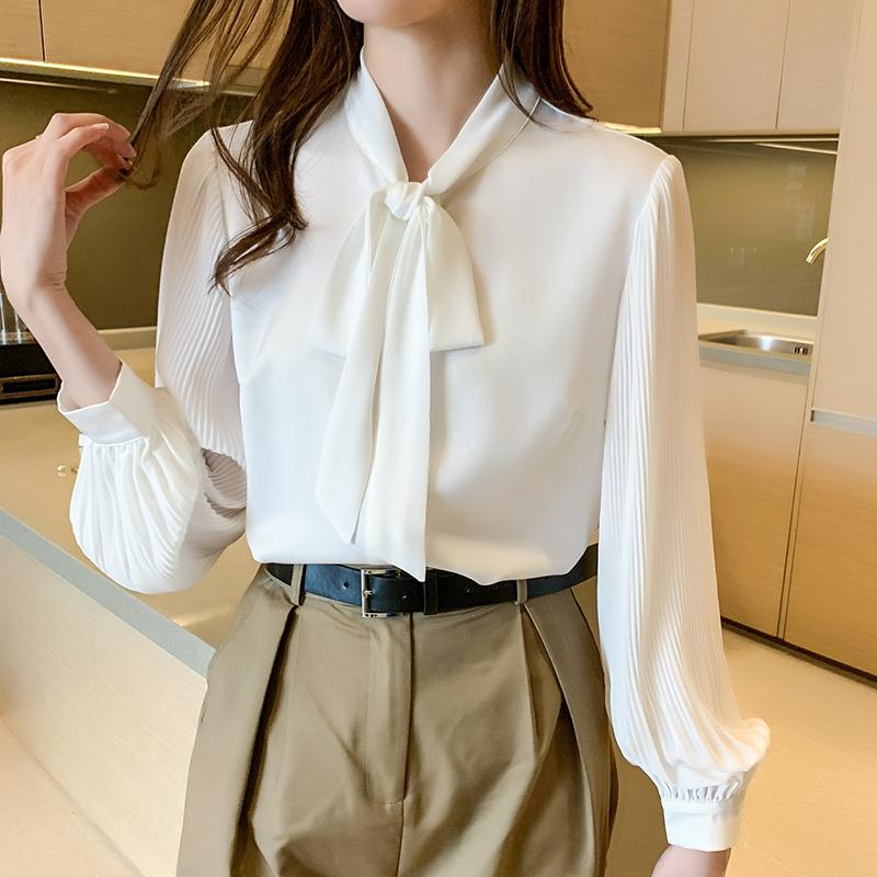 Модная белая шифоновая блузка с длинным рукавом и воротником-бабочкой, женские топы J199