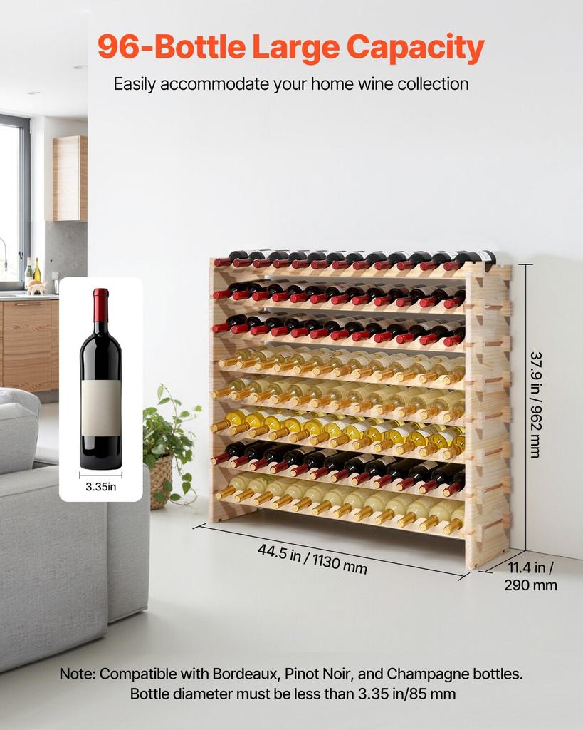 96 Bottle Stackable Modular Wine Rack, 8-Tier Wine Bottle Holder,Solid Wood Floor Freestanding Wine Storage Rack For Pinot Noir bottles,For Kitchen,