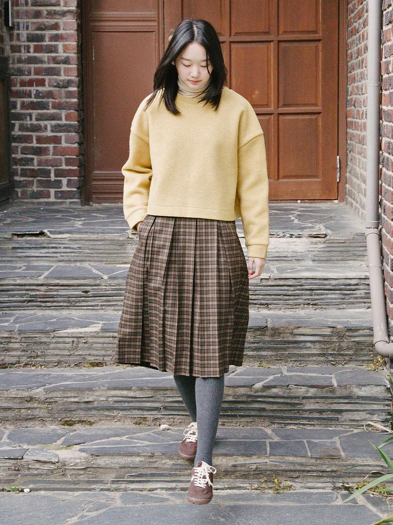 Vincent Navy Pleated Check Skirt_Brown