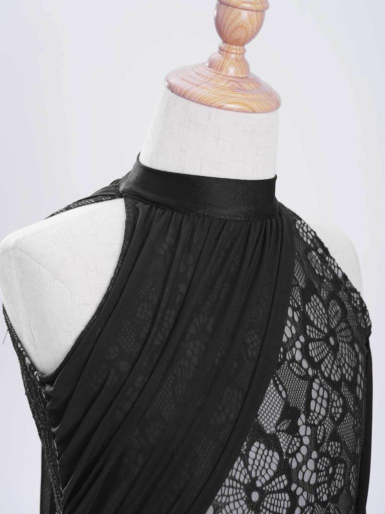 Girls Performance Leotard Sleeveless Cutout Back Design Hollow Out Lace Mesh Overlay Skirted Dance Costume