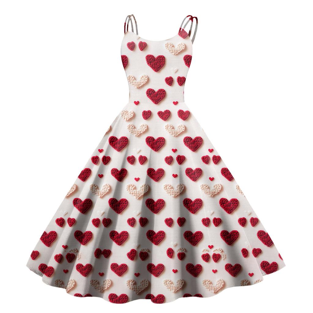 Women's Valentine's Day Love Heart Print Sexy Off Shoulder Vintage Dress