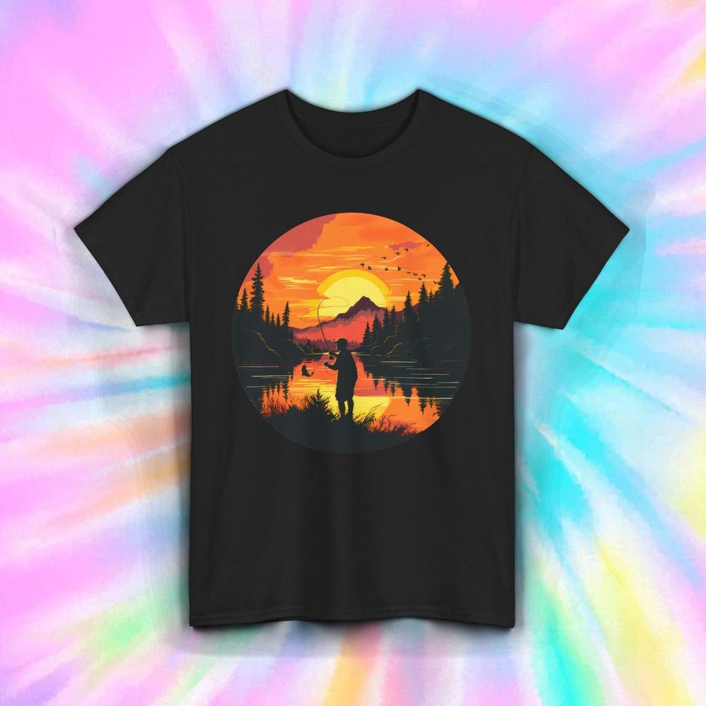 Fishing Shirt Sunset Lake Scene Fisherman Nature Outdoors Graphic Tee S-5XL
