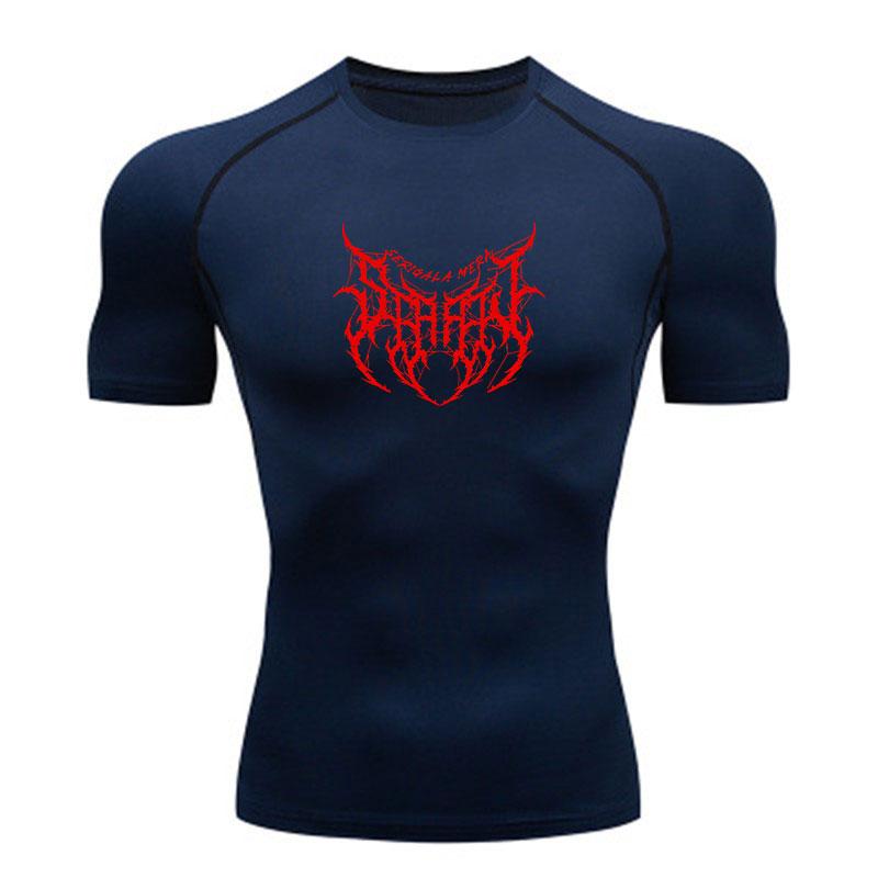 Men's Compression Fitness Sports T-Shirt, Red Death Metal Style Graphic Print Quick Dry Athletic Workout Top for Gym Running Training Wear