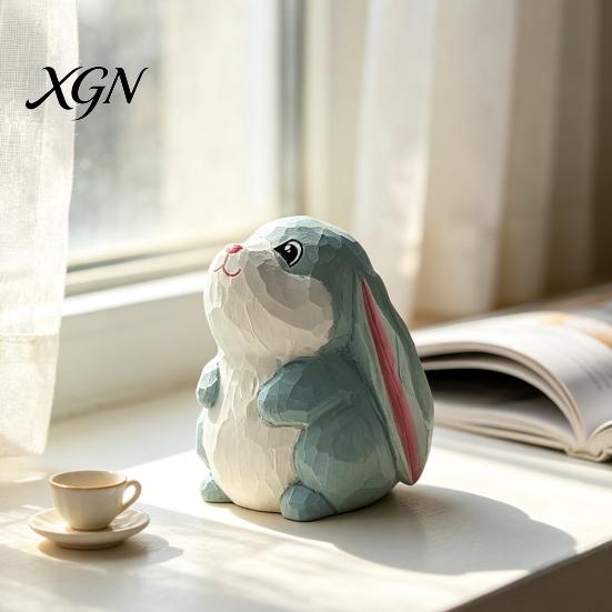 Handmade Animal Statue for Shelves Hand-Carved Lop-Eared Bunny Ornament, Cute Desk Figurine, Natural Wood Carving Art Small Decorative Entryway