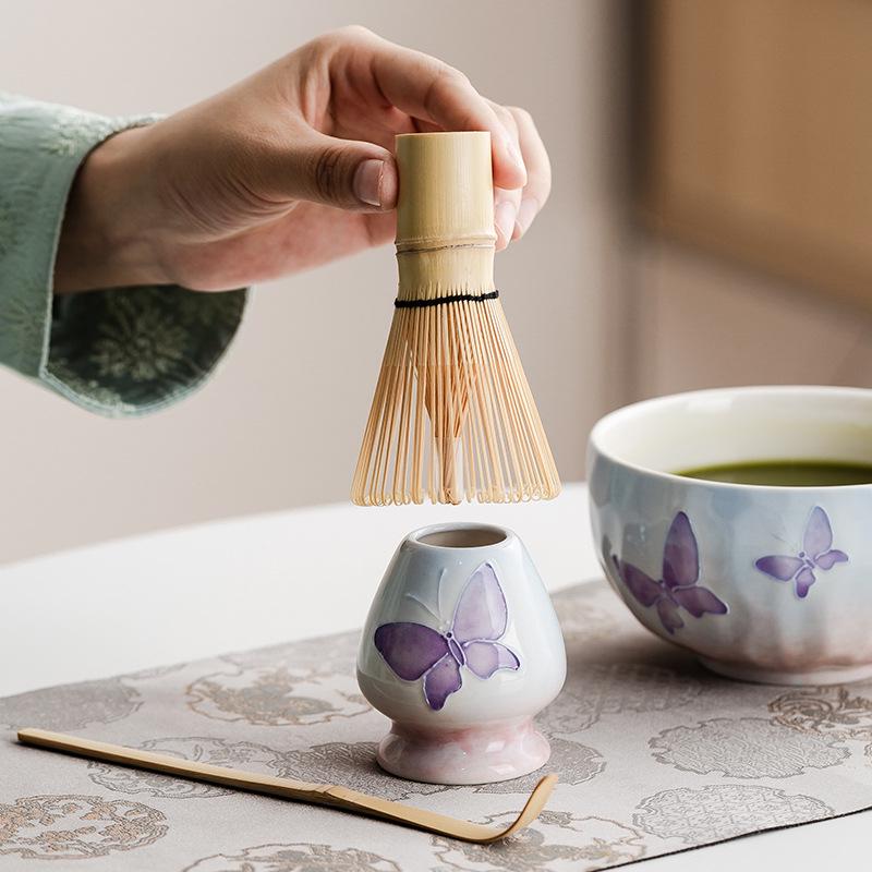 Handmade Japanese Cherry Blossom Matcha Bowl with Whisking Tool, Imitation Song Dynasty Tea Stirrer, and Hyakuhon-date Chasen Stand