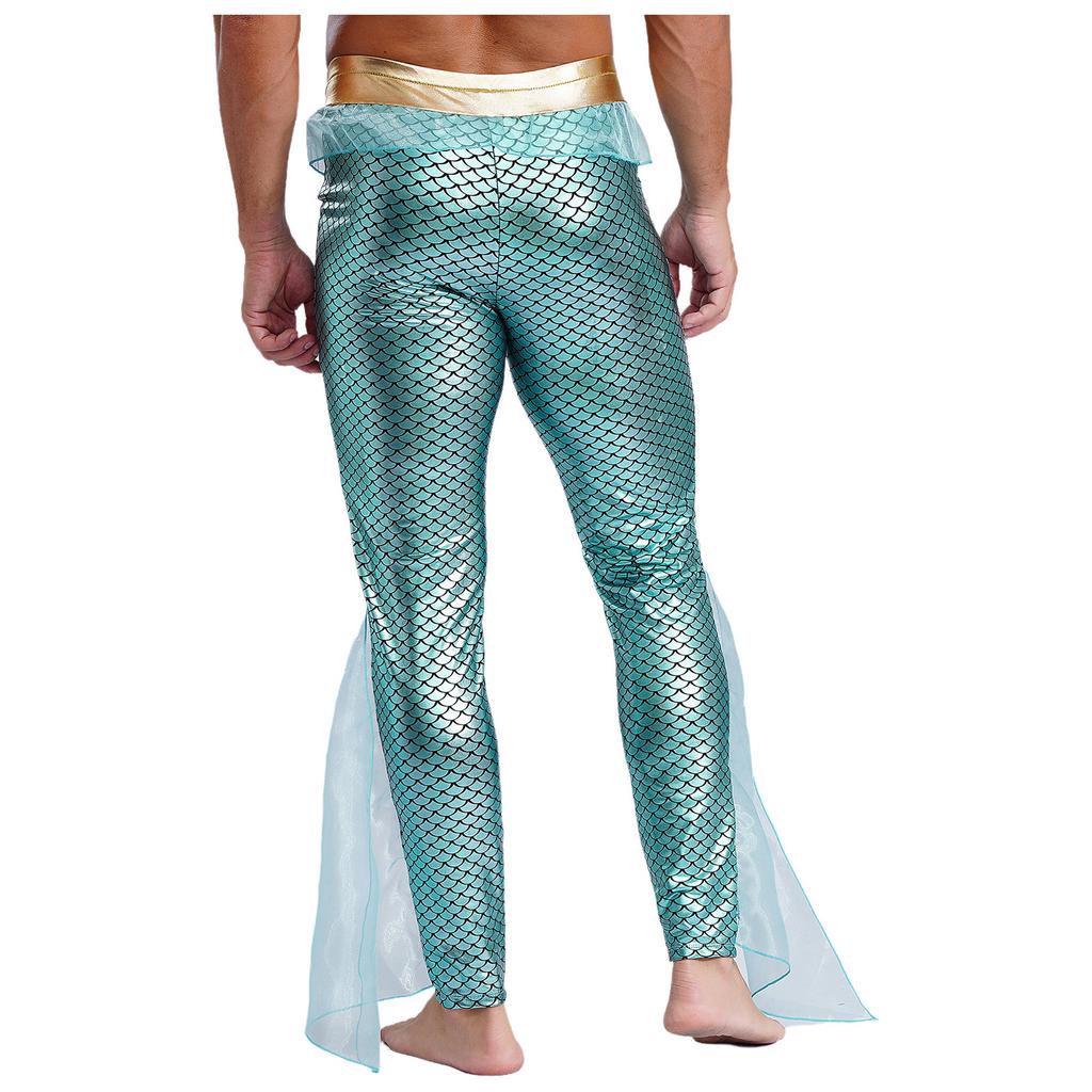 Mens Mermaid Pants King of the Seas Costume Elastic Waist Metallic Shiny Fishscale Print Tights Leggings