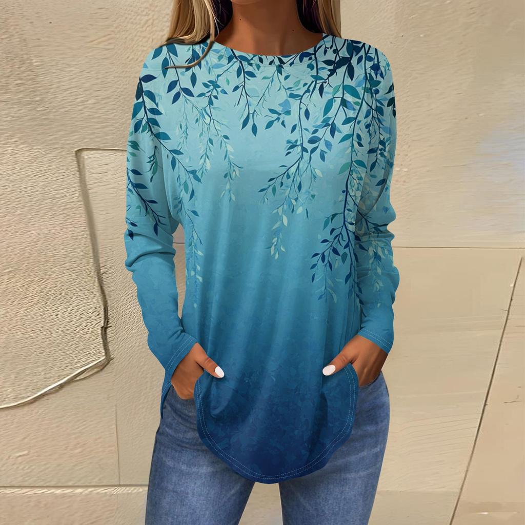 Женская свободная футболка с длинным рукавом с круглым вырезом и принтом, верхний пуловер
