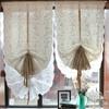 Retro Cotton Linen Lace Embroidered Balloon Pull Up Curtain for Living Room Kitchen Threading Rod Short Window