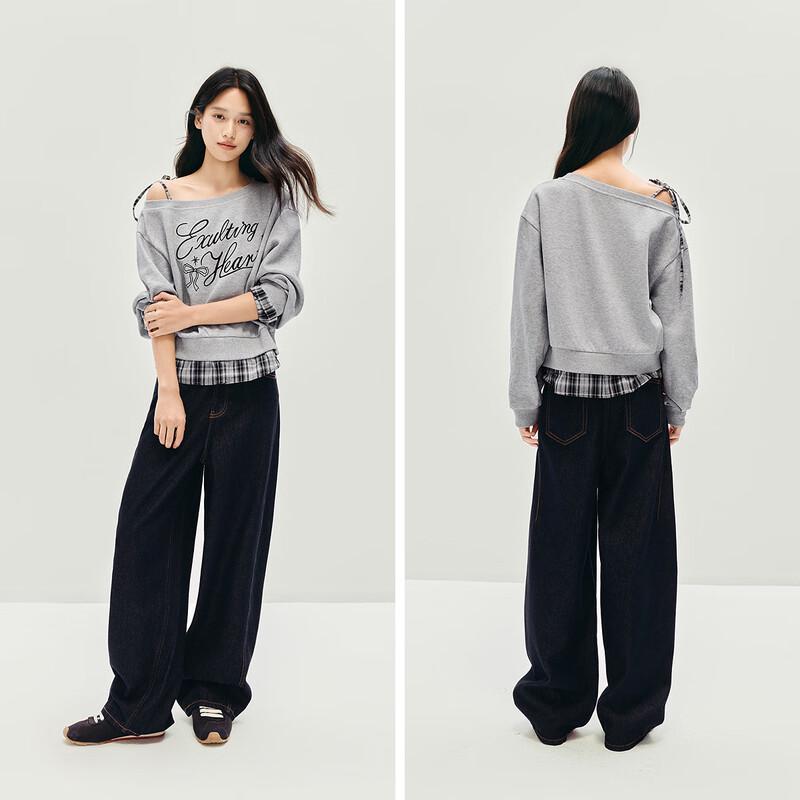 Semir Women's Faux 2-Piece Plaid Patchwork Sweatshirt