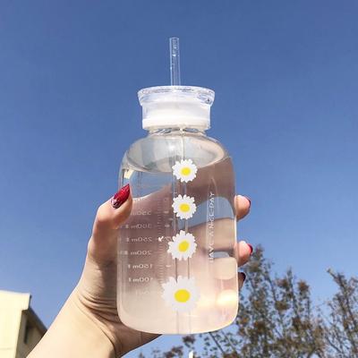Прозрачная стеклянная бутылка для воды с двойной крышкой, портативный стакан для воды для студентов, школы, с отметками времени, полезный стакан для питья