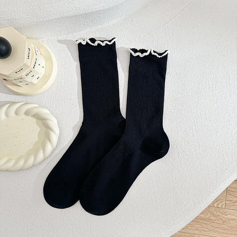 White Fungus Edge Socks Ballet Summer Thin Legs Breathable Contrasting Colors Lace Princess Wind Stacked Medium Tube Socks Thin