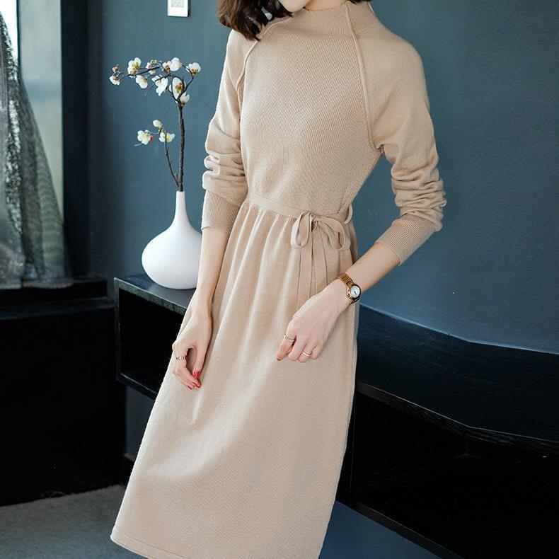 Повседневное платье-свитер для женщин, средней длины, с высоким воротником, вязаный свитер, большого размера, однотонный пуловер, вязаное платье с длинными рукавами
