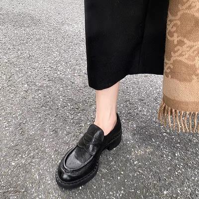 Версия из коровьей кожи~ Женские лоферы на платформе из натуральной кожи, черные, с круглым носком, на толстом каблуке, одинарная обувь, ретро, британские, ленивые, маленькие кожаные туфли