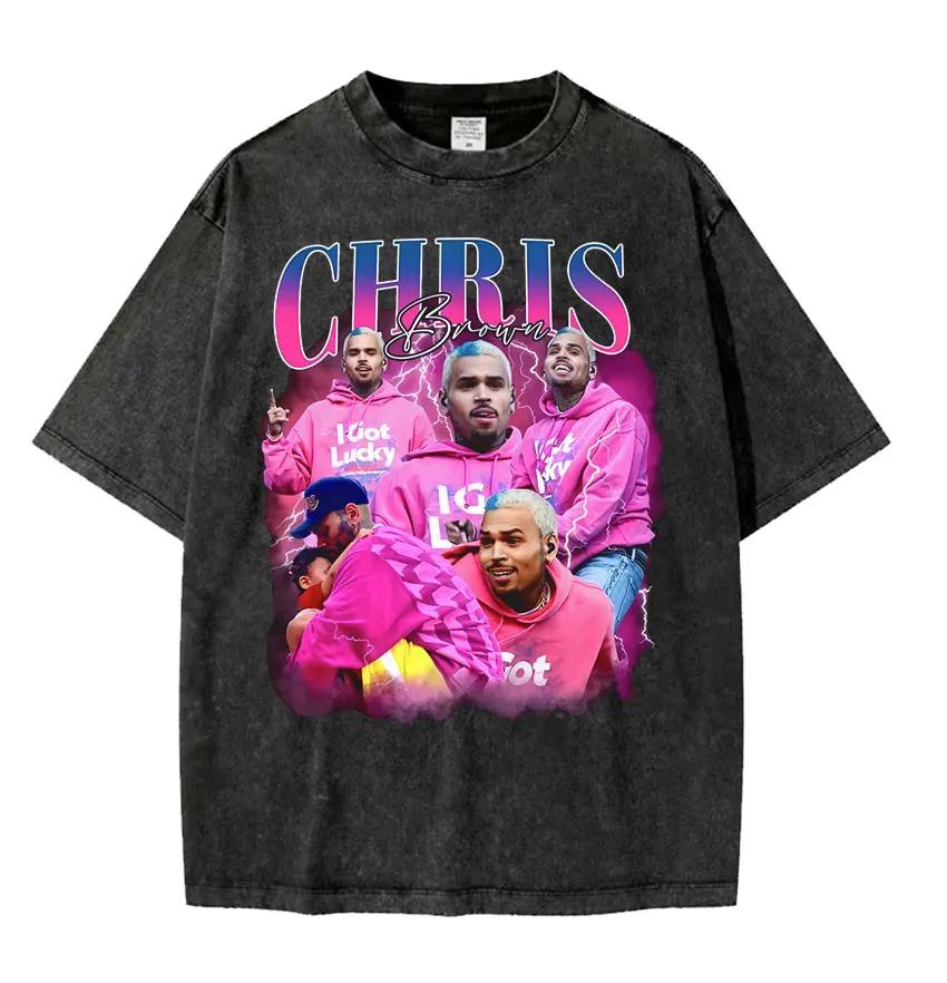 Футболка с графическим принтом Rapper Chris Brown Breezy Big Face Унисекс Женская Мода Винтажная Стирка Оверсайз Короткий Рукав Футболки Streetwear