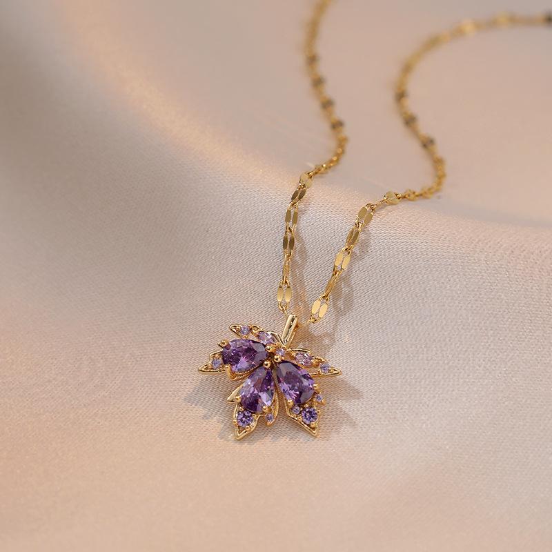 Purple Maple Leaf Zircon Titanium Steel Necklace - Fashionable, Simple, No-Fade Design for Women