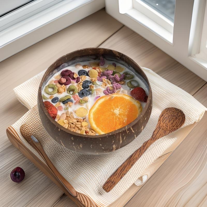 Natural Coconut Bowl Set Wooden Salad Ramen Bowl Coconut Wood Spoon Set Coco Smoothie Kitchen Tableware Coconut Bowl